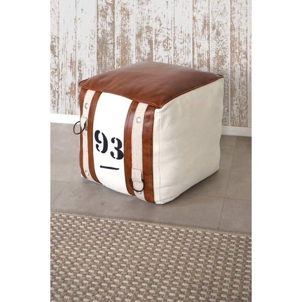 Vintage-stijl poef van leer en stof "93