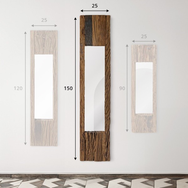 Rechthoekige spiegel van ruw hout 25 x 150 cm