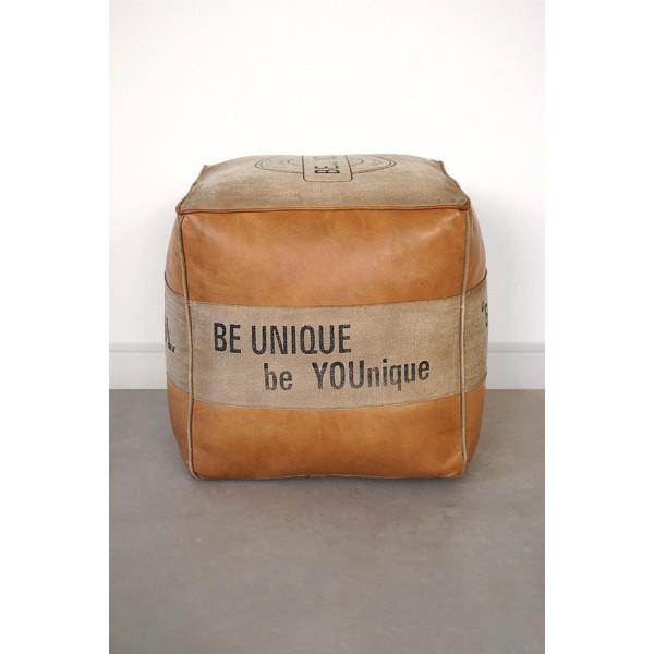 Industriële poef in leer "Be Yourself"