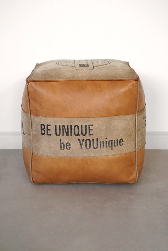 Industriële poef in leer "Be Yourself"