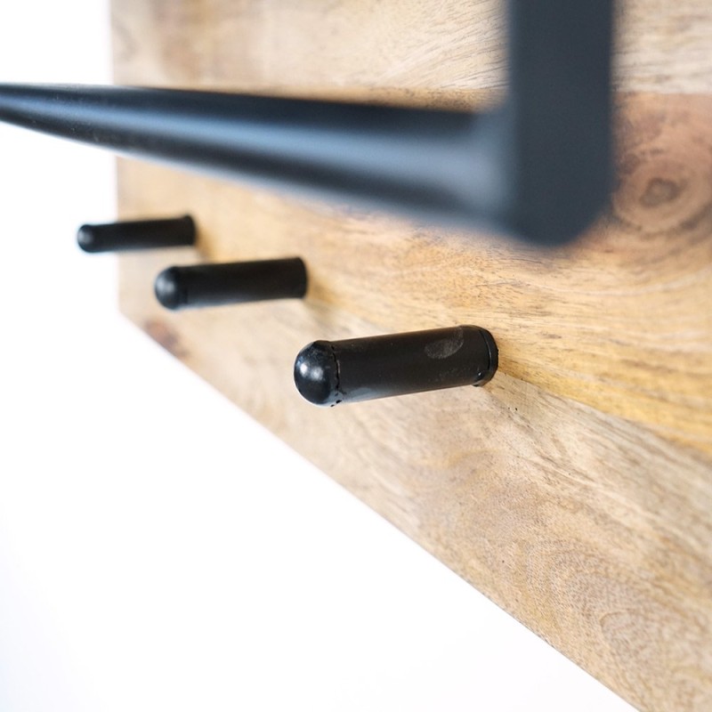 Massief houten kapstok met metalen plank en 3 haken