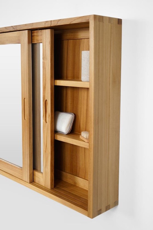 80cm massief teak badkamermeubel met schuifdeuren en spiegel